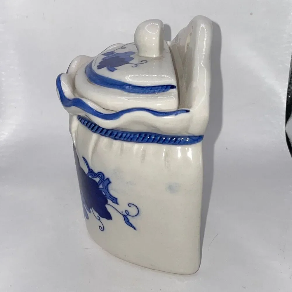 Vintage Tea Jar Hanging Wall Pocket Canister Blue White Ceramic Grape Hand Paint